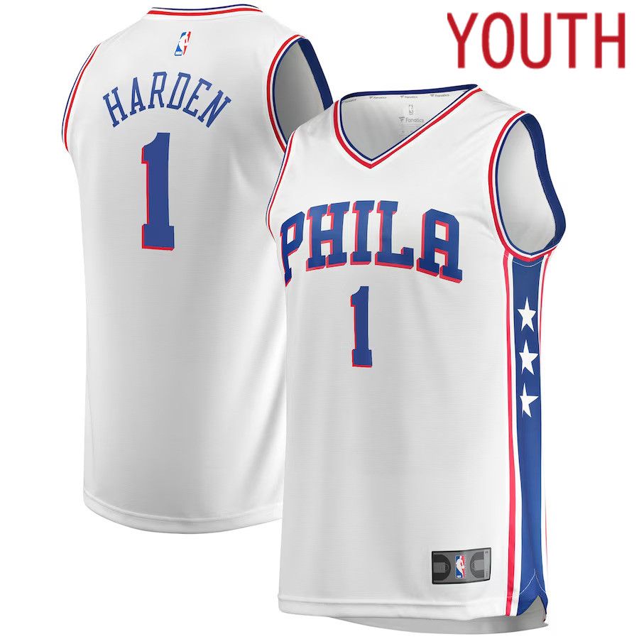 Youth Philadelphia 76ers #1 James Harden Fanatics Branded White Fast Break Replica Player NBA Jersey